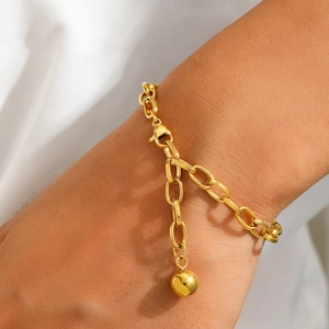 Minimalist Stainless Steel Chain Bracelet With Orb Ball Pendant Polished Geometric Oval Link Adjustable Jewelry For Women