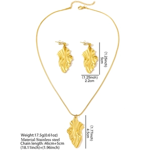 Detailed dimensions of stainless steel leaf jewelry set with necklace and earrings