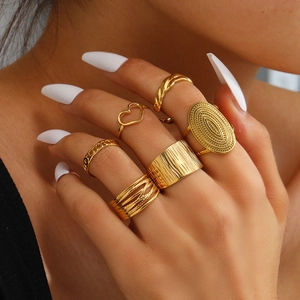 Stainless Steel Adjustable Open Ring 18K Gold Plated Vintage Geometric Heart Texture Wide Band Jewelry For Women