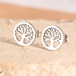 Tree Of Life Round Stud Earrings Hollow Stainless Steel Jewelry Minimalist Fashion Accessory For Women