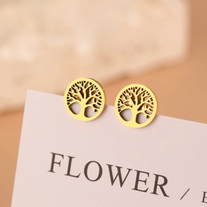 Golden titanium steel Tree of Life stud earrings with circular hollow design