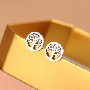 Polished titanium steel round Tree of Life stud earrings in 18K silver finish