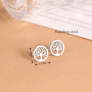 Polished silver stainless steel life tree stud earrings measuring 1.1cm by 1.1cm