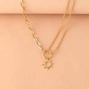 18K gold plated hollow sun totem pendant necklace with asymmetric paperclip and bead chain