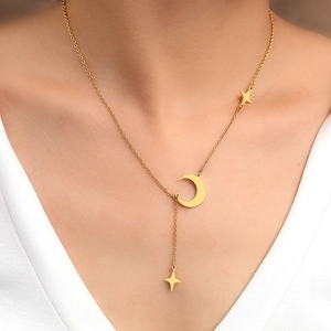 Star Moon Tassel Necklace Stainless Steel Gold Plated Minimalist Y Shaped Dainty Clavicle Chain For Women