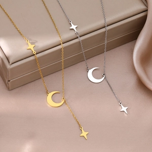 Minimalist Y-shaped star and moon tassel necklace in gold and silver stainless steel