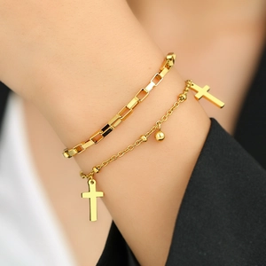 Stainless Steel Double Layer Bracelet Cross Pendant Square Link Bead Chain Adjustable Jewelry For Women Fashion OL Style