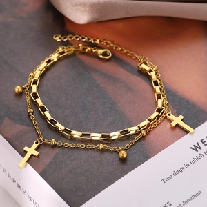 18K gold-plated double-layer cross pendant bracelet with adjustable lobster clasp on book