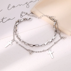 Double-layered 18K gold plated silver cross pendant bracelet with adjustable lobster clasp