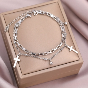 Double-layered silver cross pendant bracelet with rectangular links and round beads