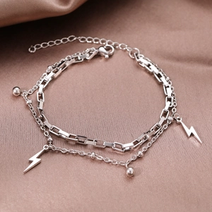 Silver double-layer lightning pendant bracelet with cuboid and bead chains on silk fabric