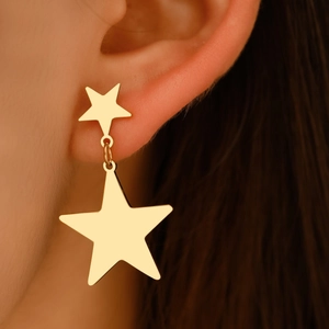 Stainless Steel Double Star Dangle Earrings Polished Pentagram Drop Jewelry For Women Fashion Cool Minimalist