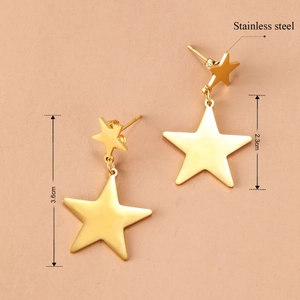 Golden stainless steel double star dangle earrings with minimalist fringe design