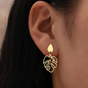 Boucles D'oreilles Pendantes Feuille De Monstera Acier Inoxydable Ajouré Goutte D'eau Bijoux Fantaisie Pour Femmes