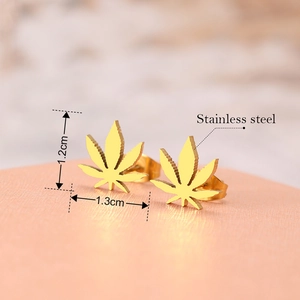 Polished stainless steel maple leaf stud earrings in gold with size dimensions