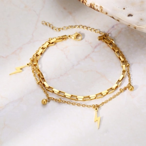 Bohemian gold stainless steel layered bracelet with lightning bolt and bead charms