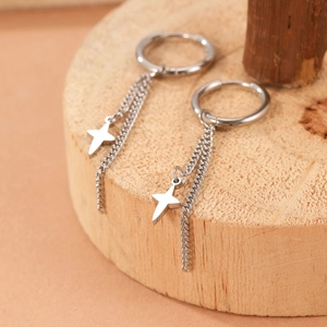 Minimalist silver stainless steel hoop earrings with hanging star pendant and chain tassels