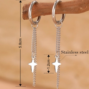Silver stainless steel star charm drop earrings with dimensions of 5.8cm overall length