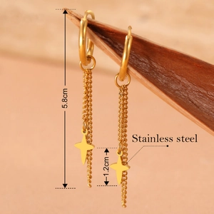 18k gold plated stainless steel hoop earrings with star charms and double chain tassels