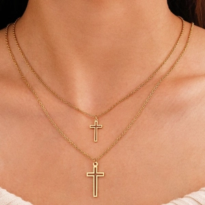 Stainless Steel Double Layer Cross Pendant Necklace Set Layered Hip Hop Punk Jewelry For Men Women