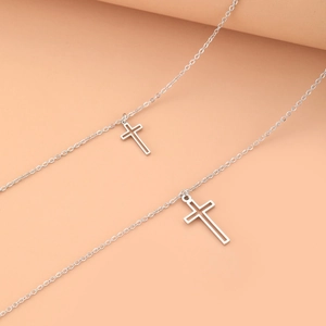 Silver double-layered cross pendant necklace with Cuban chain for hip hop street style