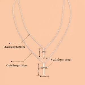 Double layer stainless steel cross pendant necklace set in silver finish for men and women