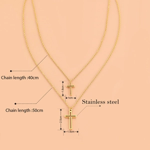 Golden double layered stainless steel cross necklace in 40cm and 50cm chain lengths