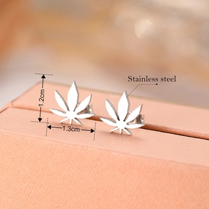 Minimalist maple leaf stud earrings in polished stainless steel for women 1.2cm x 1.3cm