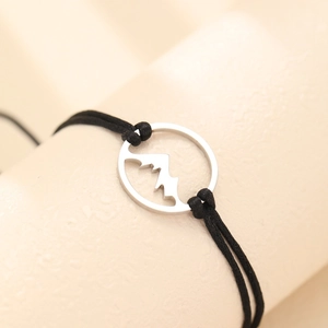 Black woven rope bracelet with a stainless steel mountain peak pendant for women