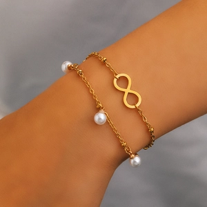 Stainless Steel Double Layer Bracelet With Infinity Symbol And Faux Artificial Pearls Adjustable Chain For Women Elegant Jewelry