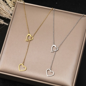 Stainless Steel Double Heart Y-Shaped Necklace With Love Letter Pendant Elegant Romantic Jewelry For Women