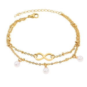 Double-layered gold infinity anklet with white pearl pendants and adjustable clasp