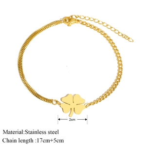 Golden stainless steel heart clover bracelet with double-strand box chain and 2cm charm