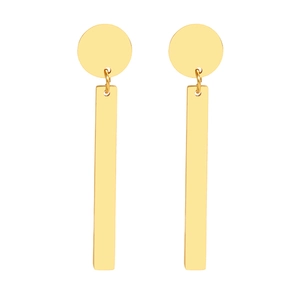 Detail of minimalist gold dangling earrings with round studs and long vertical metal bars