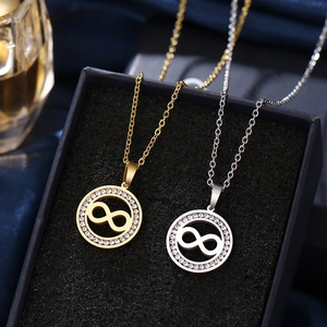 Infinity Symbol Round Hollow Pendant Necklace Stainless Steel 18K Gold Plated Zircon Inlaid Clavicle Chain For Women
