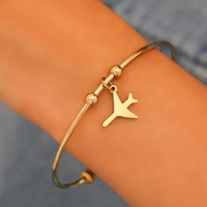 Minimalist Stainless Steel Airplane Pendant Bangle Adjustable Gold Silver Beaded Bracelet For Women Travel Fashion Jewelry