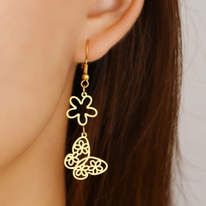 Hollow Butterfly Drop Earrings Stainless Steel Flower Dangle Hook Jewelry For Women Elegant Ins Style
