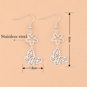 Hollow butterfly earrings in silver stainless steel, chic bohemian style drop earrings