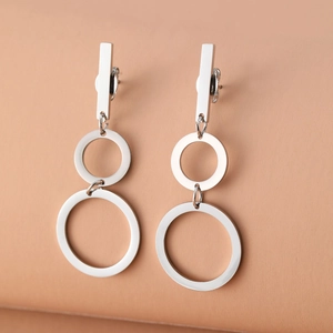 Polished silver stainless steel geometric earrings with double nested rings and vertical bars