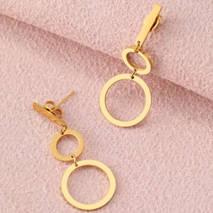 Modern geometric double circle drop earrings in gold stainless steel for women