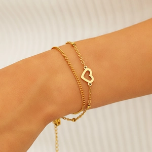 Bracciale Cuore Multistrato Acciaio Inossidabile Ciondoli Traforati Catena Con Sfere Regolabile Donna