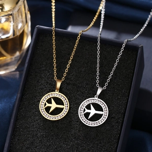 Collana Pendente Aereo Acciaio Inossidabile Minimalista Viaggio Aviazione Zirconi Halo Tondo Gioielli Donna