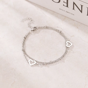 Bracciale minimalista a doppio strato in acciaio inossidabile argento con cuori