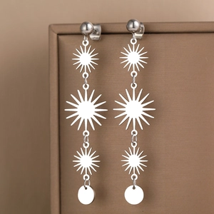 Long tassel drop earrings with stainless steel sun charms and silver metallic finish