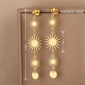 Detail of 6.5cm long gold stainless steel sunburst tassel earrings with size dimensions