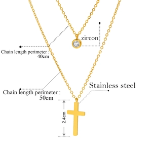 Collier double rang en acier doré avec pendentif croix et zircon, longueurs 40 et 50cm