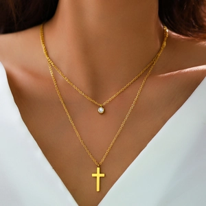 Collier Superposé Acier Inoxydable Zircon Cubique Rond Pendentif Croix Bijoux De Mode Minimalistes Pour Femmes