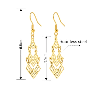 Bohemian gold stainless steel geometric hollow layered rhombus drop earrings 5.5cm