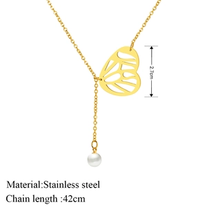Stainless steel butterfly wing pendant necklace with white pearl and 42cm gold chain