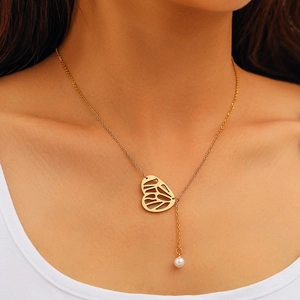 Butterfly Wing Pendant Necklace Stainless Steel Hollow Heart Imitation Artificial Pearl Y Shape Lariat Elegant Jewelry For Women